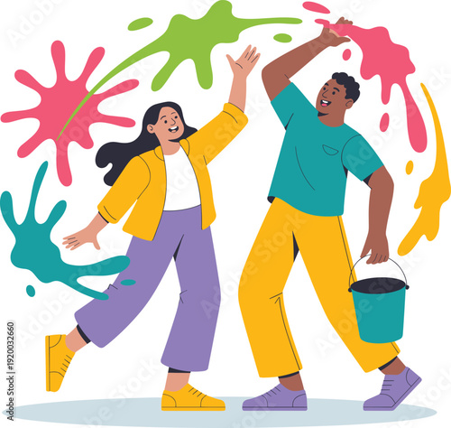 People playing with colorful paint splashes, happy outdoor activity, stock illustration