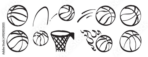 Playful Crayon Basketball Icons Scattered With Youthful Energy, Small And Large Ball Sketches, Hoop Outlines And Bounce Arcs Evoke Summer Camp Practice And Beginner Drills, Friendly Atmosphere