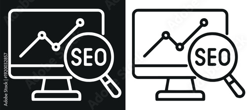 A graphic illustration of SEO optimization on a computer screen with a magnifying glass
