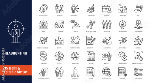 Headhunting icon set. Recruitment icon. Icons related to Job Interview, Career Path, Resume, Job hiring. Outline icon with Editable stroke. Vector illustration