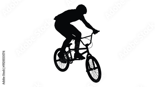 A silhouette of a person performing a trick on a bmx bike in mid-air. isolated on white background, Vector