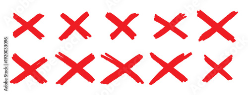 Red cross X mark set. Hand drawn delete symbols collection. Cancel and wrong icons for UI design vector