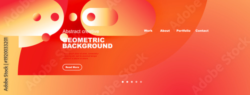 Modern website header design. Gradient background features abstract shapes, text, navigation menu, plus read more button.
