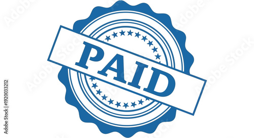 Blue stylized vector graphic illustration of a certified paid transaction stamp seal emblem