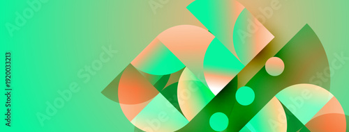 Abstract composition featuring vibrant circles, curves, gradients. Teal background complements orange, green hues. Modern design elements present.