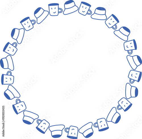 Circular wreath frame border made of hand drawn doodle cups and panama hats, blue outline vector illustration isolated on white background with copy space