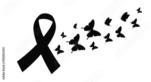 Black ribbon and flying butterflies depicted in a dark silhouette