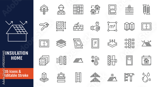 Insulation home icon set. Outline icon with Editable stroke. Vector illustration