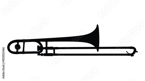 A black and white illustration of a trombone with a long slide and bell. isolated on white background, Vector