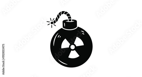 A stark black silhouette of a bomb with a radioactive symbol silhouette