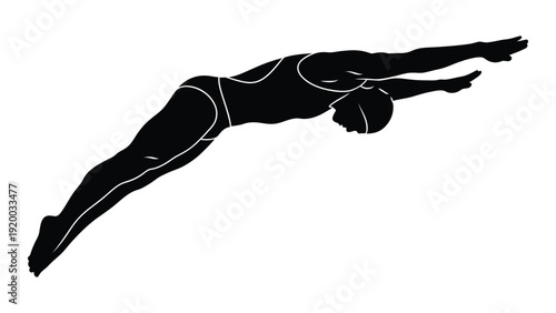 A silhouette of a swimmer diving into a pool with a streamlined body position isolated on white background, Vector