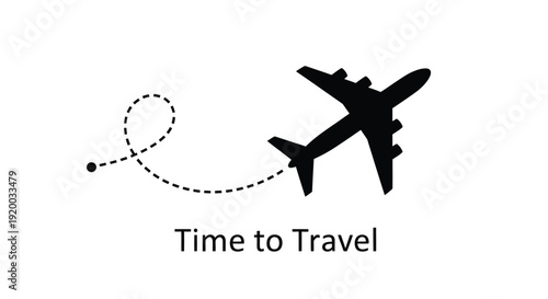 Airplane taking flight with a dashed path travel concept silhouette