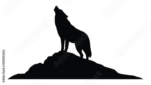 Silhouette of a howling wolf on a rocky hilltop at night isolated on white background, Vector