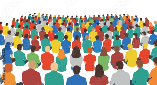 Large crowd of colorful people forming a circular pattern silhouette