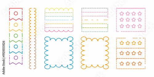 Colorful geometric patterns and borders arranged in a grid formation