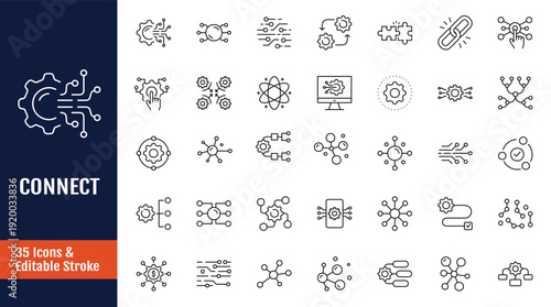Connect icon set. Icons related to network, join, collaborate, interact, integration, connection, link, together, interaction, and more. Outline icon with Editable stroke. Vector illustration