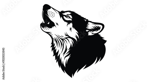 A detailed black and white illustration of a wolf howling at the moon. isolated on white background, Vector