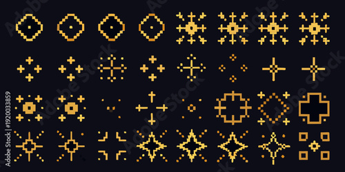 Collection of golden pixel art symbols and geometric shapes on black