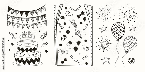 Black and white illustration of festive party decorations and celebratory elements