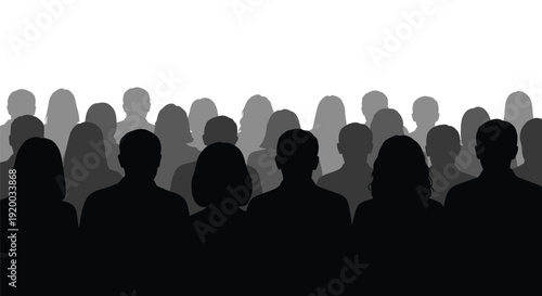 Crowd of people in a dark silhouette against a bright background