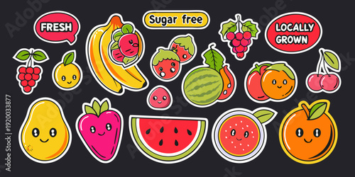 Cute cartoon fruit stickers with health and origin labels