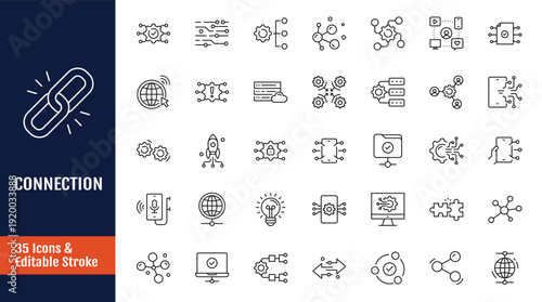 Connect icon set. Icons related to network, join, collaborate, interact, integration, connection, link, together, interaction, and more. Outline icon with Editable stroke. Vector illustration