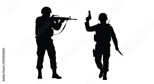 Two soldiers in combat poses one aiming a rifle a striking silhouette