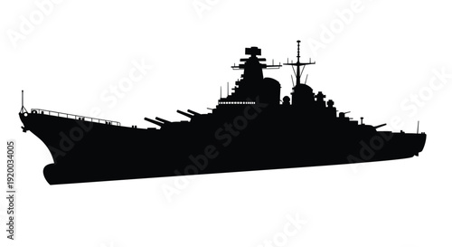 Detailed black silhouette of a battleship against a white background silhouette
