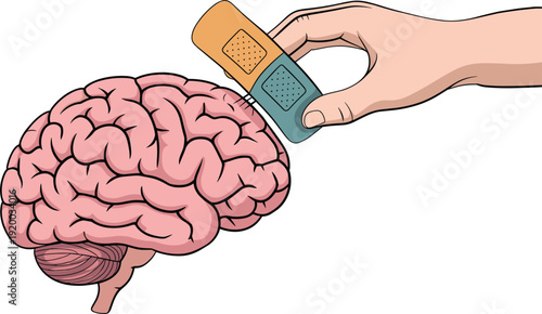 Conceptual illustration of human brain with adhesive bandage symbolizing mental health healing, psychological therapy, trauma recovery, and emotional support in modern healthcare.