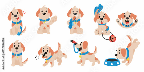Collection of cute cartoon puppies in various playful poses and activities