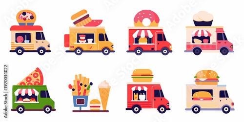Colorful food trucks and individual fast food items in vector illustration
