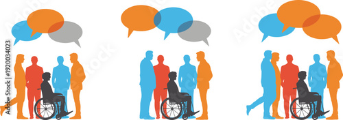 Diverse business team silhouettes including person in wheelchair with colorful speech bubbles, corporate communication, social inclusion, office teamwork, and group discussion vector.
