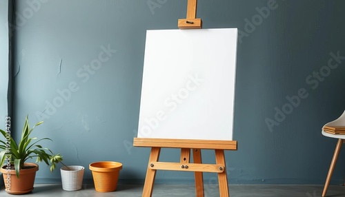 Blank white canvas on easel, ready for painting, backdrop, sketching