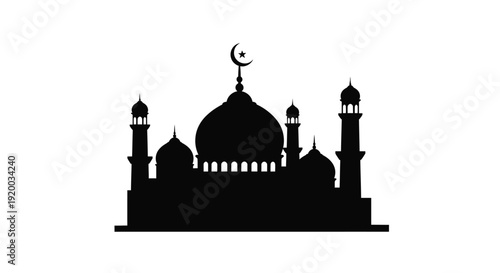 Black silhouette of a mosque with a crescent moon and star silhouette