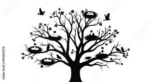 A dark tree with multiple bird nests and flying birds silhouette