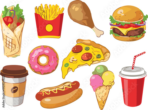 Fast food vector illustration set, delicious burger, pizza, fries, hot dog, donut, ice cream, coffee, and soda icons isolated on white background.