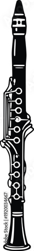 Black and White Vector Illustration of a Clarinet, Isolated on White. Classic Musical Instrument Graphic for Education, Performance, and Design.