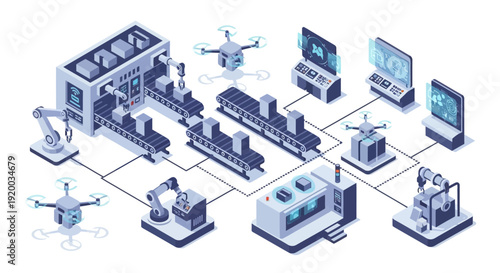 Isometric illustration of industrial automation and manufacturing process.