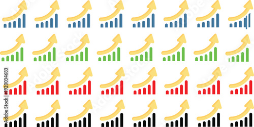 Professional business growth bar chart set. Financial success graph with rising arrows for data analytics, market investment, and profit forecasting vector.