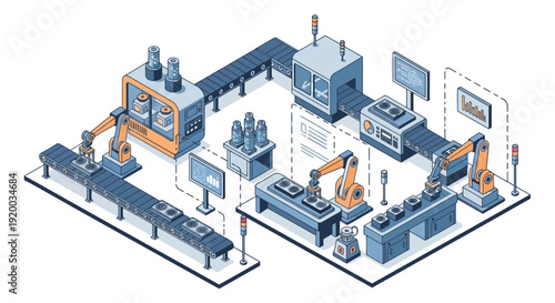 Modern Factory Production Line with Automated Machinery and Robotics.
