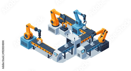 Industrial robotic arms working together on assembly line production.