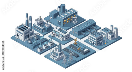 Isometric illustration of an industrial complex with various buildings and machinery.