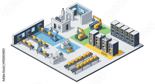 Isometric illustration of a modern industrial factory layout with various machinery and equipment.