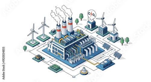 Isometric illustration of a factory with renewable energy sources and pollution.