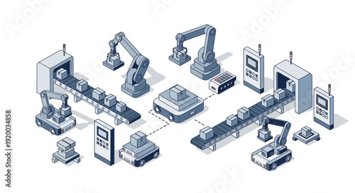 Industrial robotic assembly line with various machines and conveyor belts.