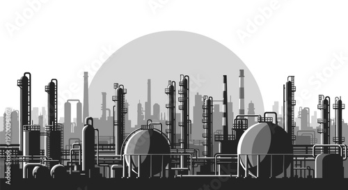 Industrial vector graphic showcasing an oil refinery with towering structures and large storage tanks in monochrome.