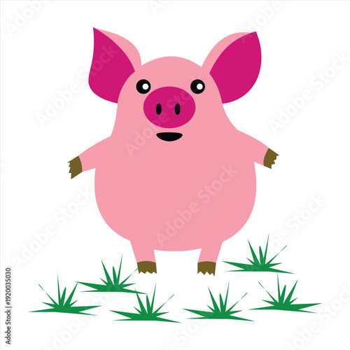 pink cartoon pig design with green grass on a white background