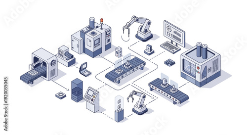 Isometric illustration of a modern factory production line with various machinery and equipment.