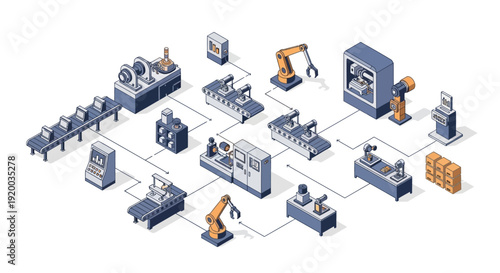 Industrial manufacturing process with robotic assembly line and machinery.