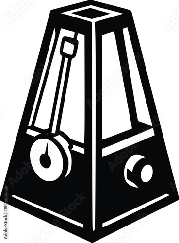 Black and White Vector Illustration of a Metronome, Isolated on White Background. Classic Musical Instrument Icon for Rhythm, Tempo, and Music Education. Clean Graphic Design fo...